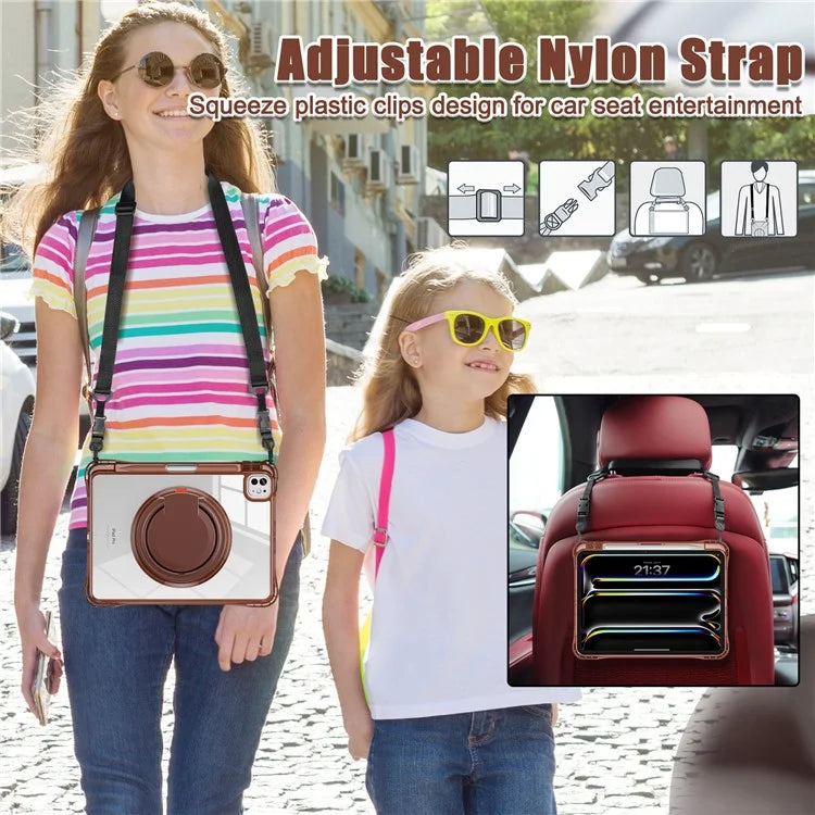 For iPad Pro 11 (2024) Case with Shoulder Strap Rotary Kickstand PC+TPU+Acrylic Tablet Cover