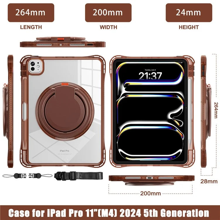 For iPad Pro 11 (2024) Case with Shoulder Strap Rotary Kickstand PC+TPU+Acrylic Tablet Cover