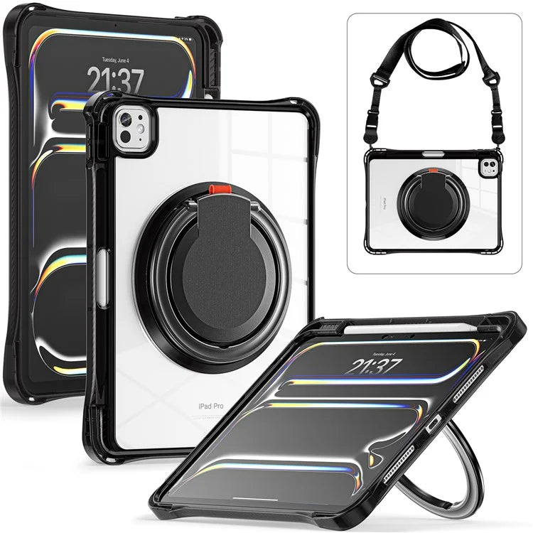 For iPad Pro 11 (2024) Case with Shoulder Strap Rotary Kickstand PC+TPU+Acrylic Tablet Cover