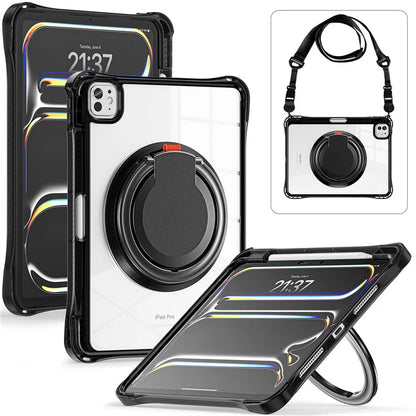 For iPad Pro 11 (2024) Case with Shoulder Strap Rotary Kickstand PC+TPU+Acrylic Tablet Cover