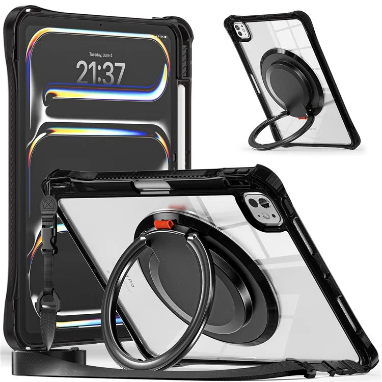 For iPad Pro 11 (2024) Case with Shoulder Strap Rotary Kickstand PC+TPU+Acrylic Tablet Cover