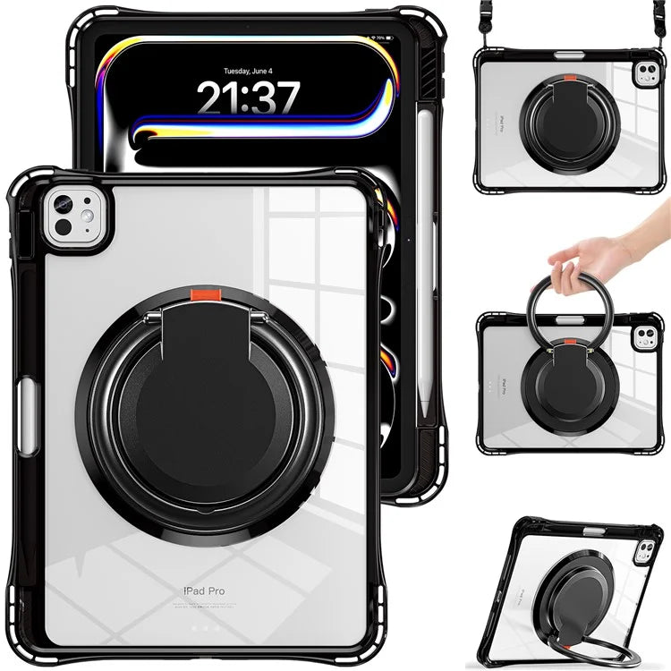 For iPad Pro 11 (2024) Case with Shoulder Strap Rotary Kickstand PC+TPU+Acrylic Tablet Cover