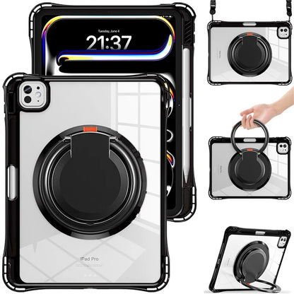 For iPad Pro 11 (2024) Case with Shoulder Strap Rotary Kickstand PC+TPU+Acrylic Tablet Cover