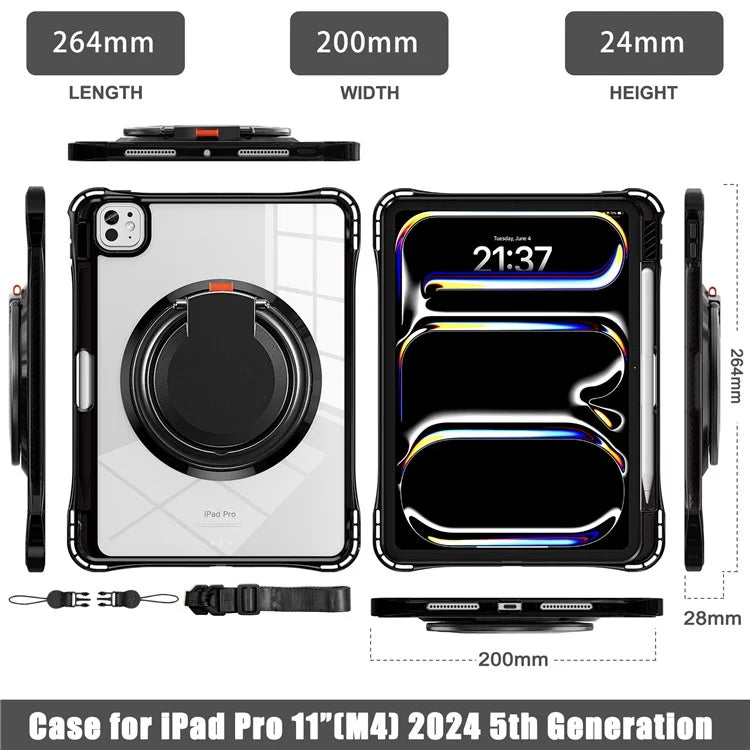 For iPad Pro 11 (2024) Case with Shoulder Strap Rotary Kickstand PC+TPU+Acrylic Tablet Cover