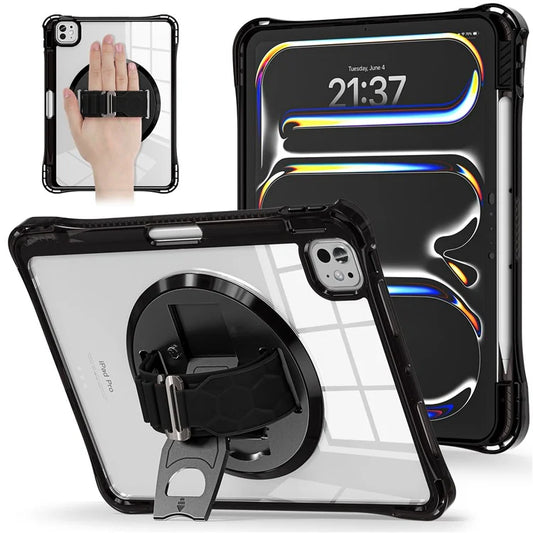 For iPad Pro 11 (2024) Case Hand Strap Kickstand PC+TPU+Acrylic Clear Tablet Cover