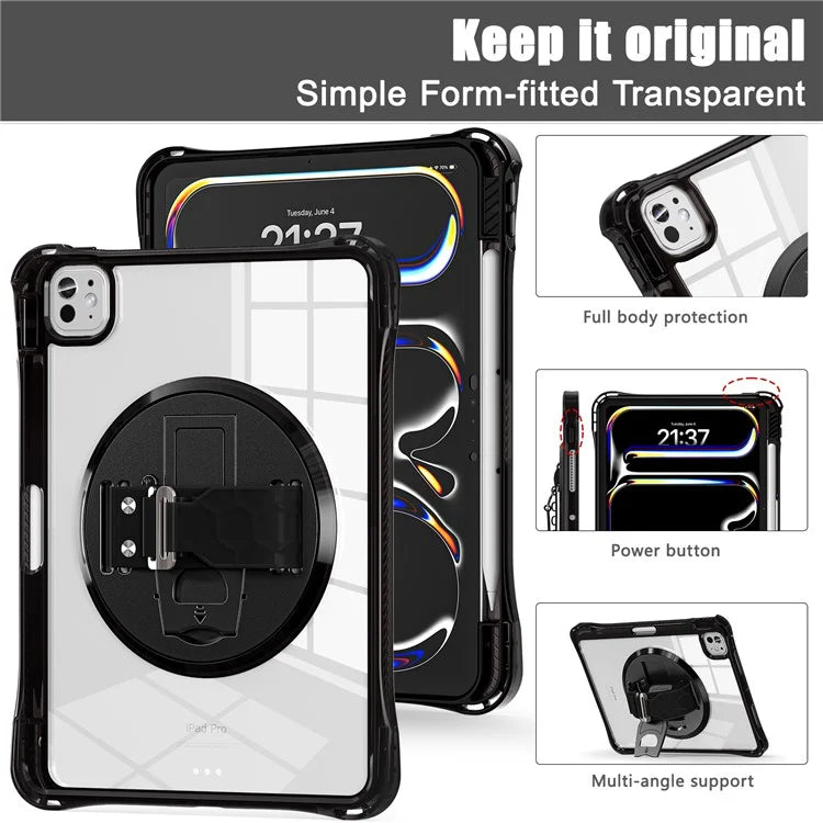 For iPad Pro 11 (2024) Case Hand Strap Kickstand PC+TPU+Acrylic Clear Tablet Cover