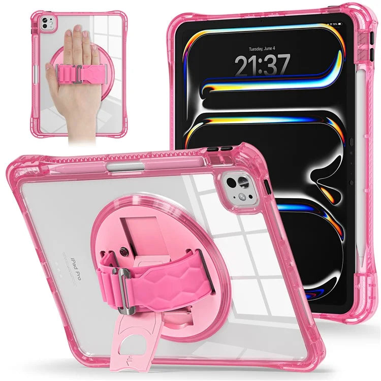 For iPad Pro 11 (2024) Case Hand Strap Kickstand PC+TPU+Acrylic Clear Tablet Cover