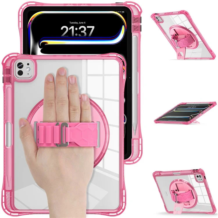 For iPad Pro 11 (2024) Case Hand Strap Kickstand PC+TPU+Acrylic Clear Tablet Cover