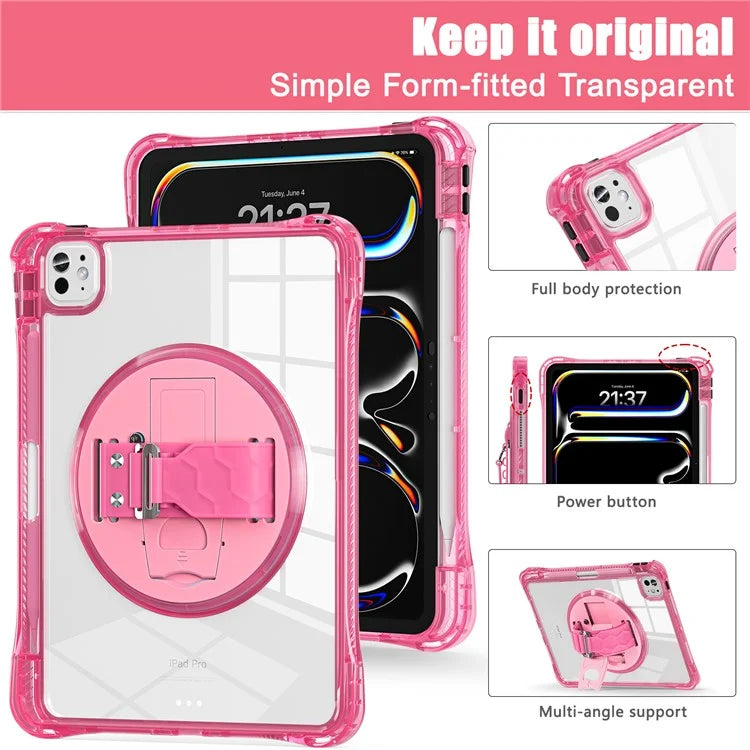 For iPad Pro 11 (2024) Case Hand Strap Kickstand PC+TPU+Acrylic Clear Tablet Cover