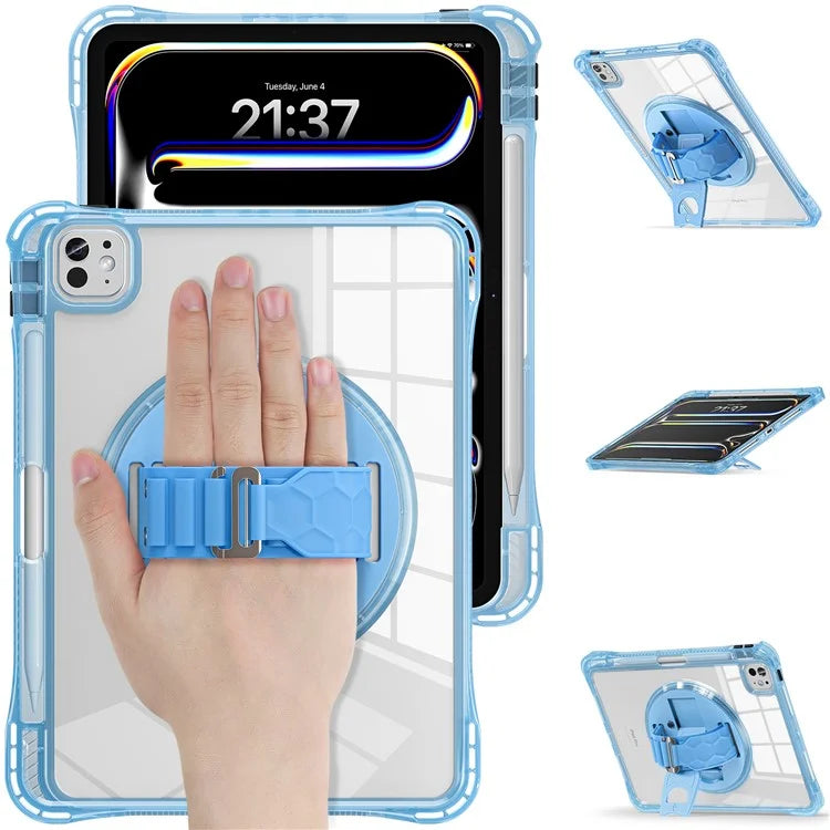 For iPad Pro 11 (2024) Case Hand Strap Kickstand PC+TPU+Acrylic Clear Tablet Cover