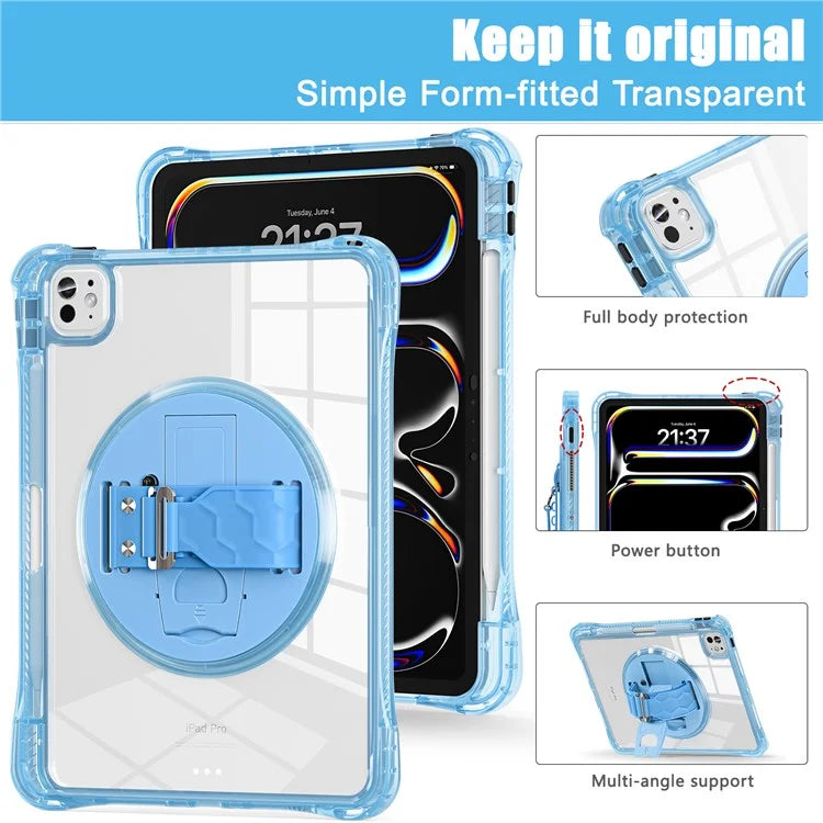 For iPad Pro 11 (2024) Case Hand Strap Kickstand PC+TPU+Acrylic Clear Tablet Cover
