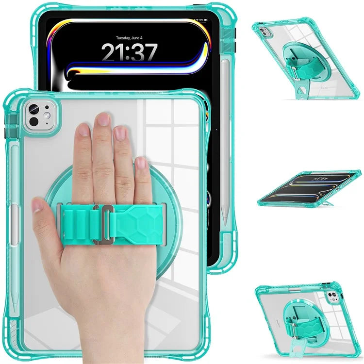 For iPad Pro 11 (2024) Case Hand Strap Kickstand PC+TPU+Acrylic Clear Tablet Cover