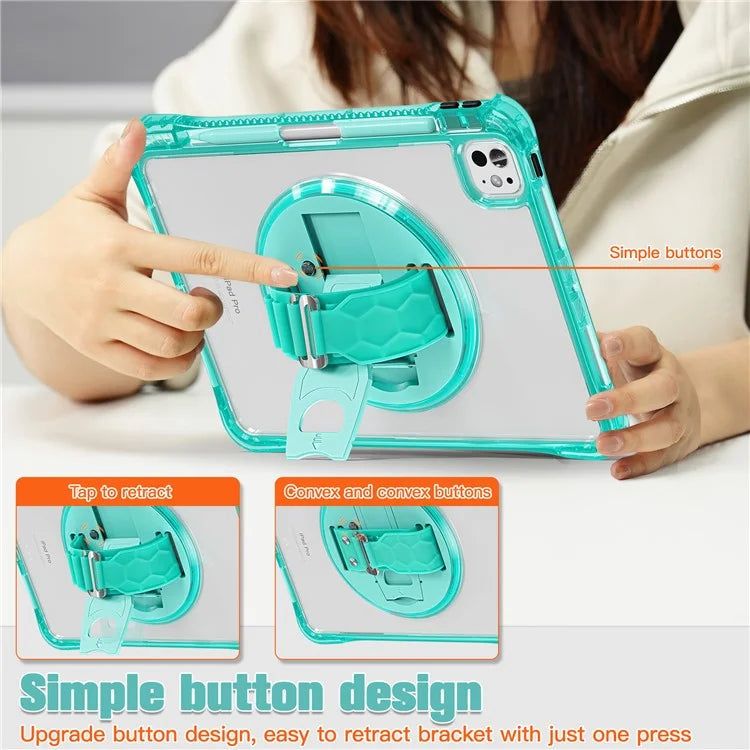 For iPad Pro 11 (2024) Case Hand Strap Kickstand PC+TPU+Acrylic Clear Tablet Cover