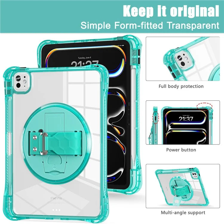 For iPad Pro 11 (2024) Case Hand Strap Kickstand PC+TPU+Acrylic Clear Tablet Cover