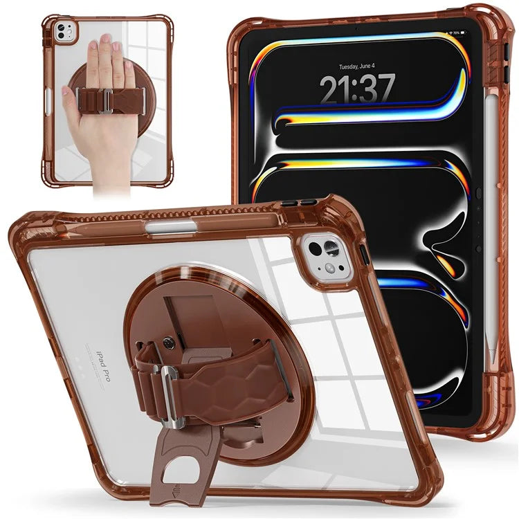 For iPad Pro 11 (2024) Case Hand Strap Kickstand PC+TPU+Acrylic Clear Tablet Cover