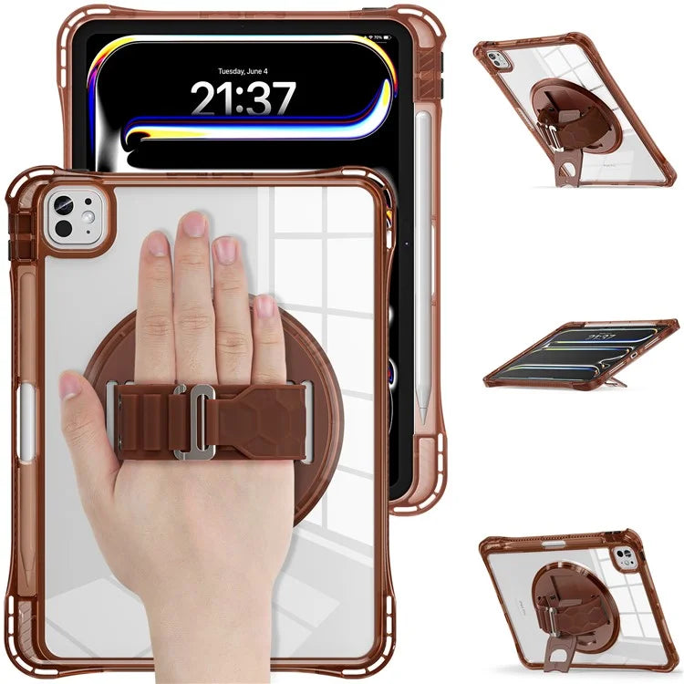 For iPad Pro 11 (2024) Case Hand Strap Kickstand PC+TPU+Acrylic Clear Tablet Cover
