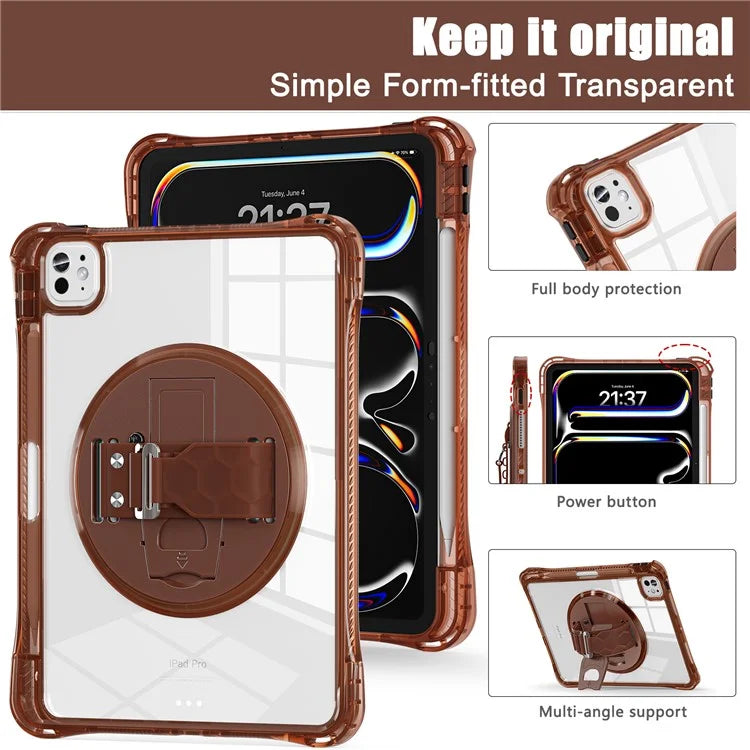 For iPad Pro 11 (2024) Case Hand Strap Kickstand PC+TPU+Acrylic Clear Tablet Cover