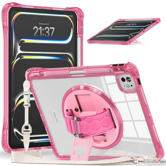 For iPad Pro 11 (2024) Kickstand Case Hand Strap PC+TPU+Acrylic Cover with Shoulder Strap