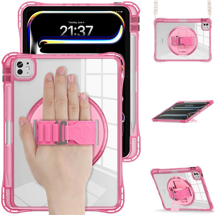 For iPad Pro 11 (2024) Kickstand Case Hand Strap PC+TPU+Acrylic Cover with Shoulder Strap
