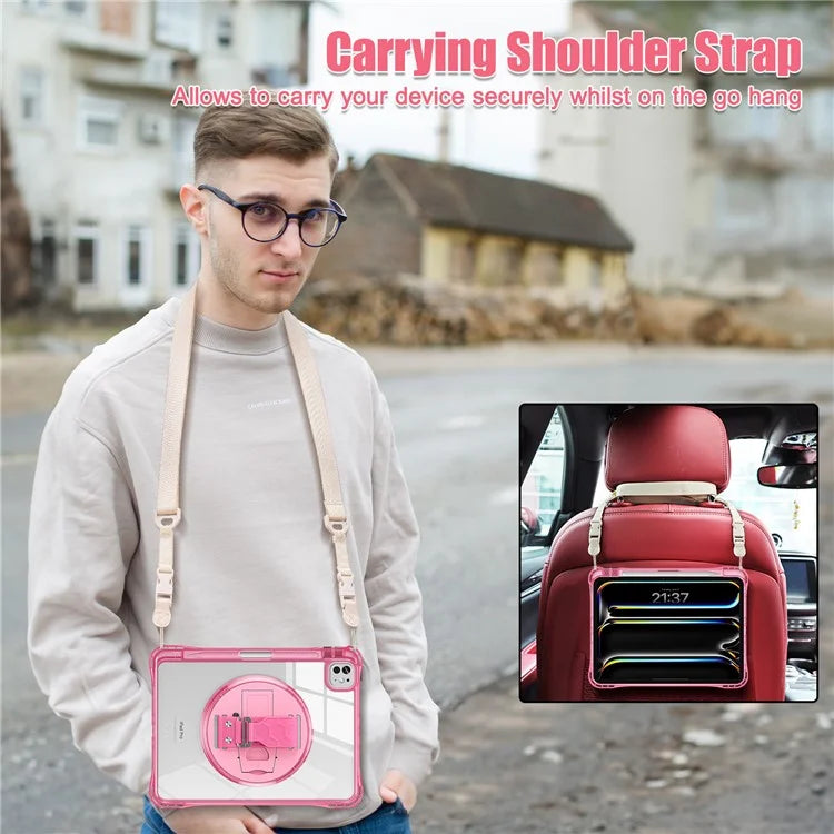 For iPad Pro 11 (2024) Kickstand Case Hand Strap PC+TPU+Acrylic Cover with Shoulder Strap