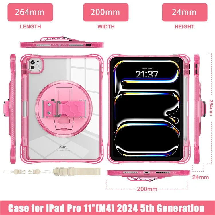 For iPad Pro 11 (2024) Kickstand Case Hand Strap PC+TPU+Acrylic Cover with Shoulder Strap