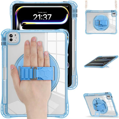 For iPad Pro 11 (2024) Kickstand Case Hand Strap PC+TPU+Acrylic Cover with Shoulder Strap
