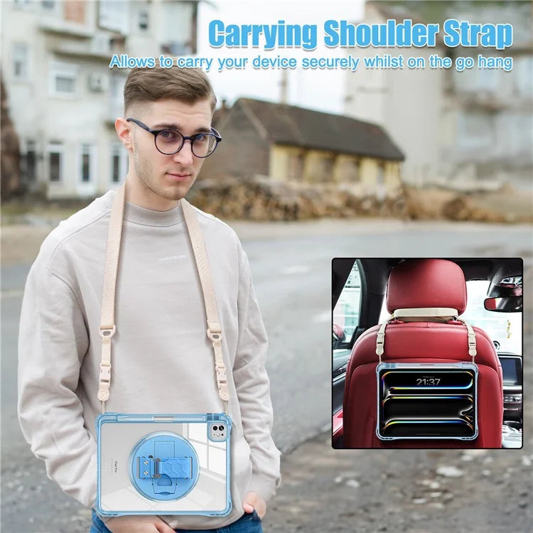 For iPad Pro 11 (2024) Kickstand Case Hand Strap PC+TPU+Acrylic Cover with Shoulder Strap