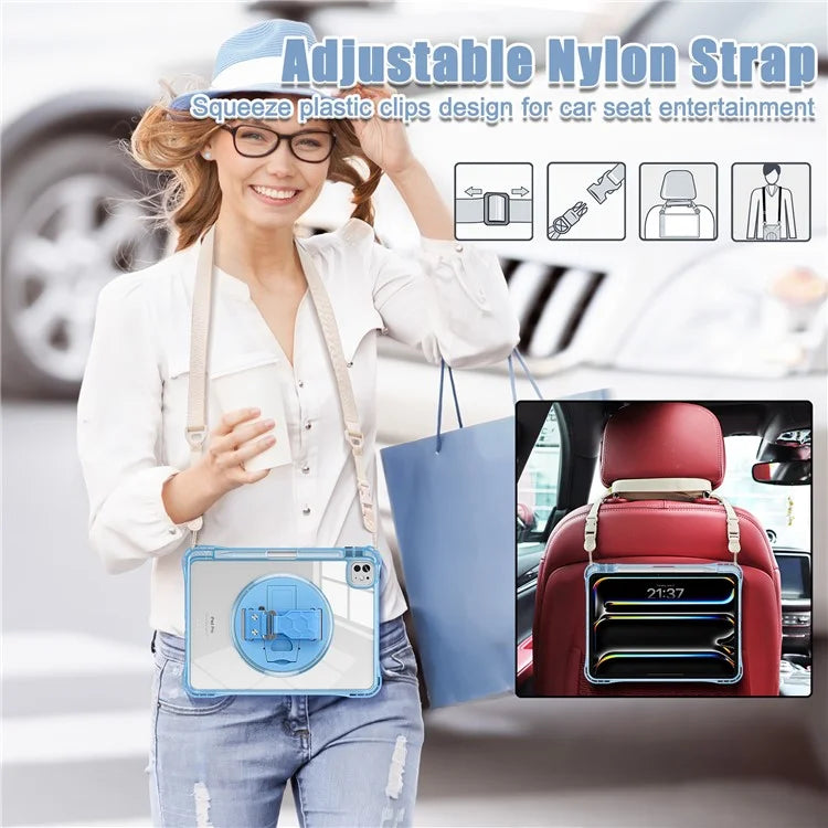 For iPad Pro 11 (2024) Kickstand Case Hand Strap PC+TPU+Acrylic Cover with Shoulder Strap