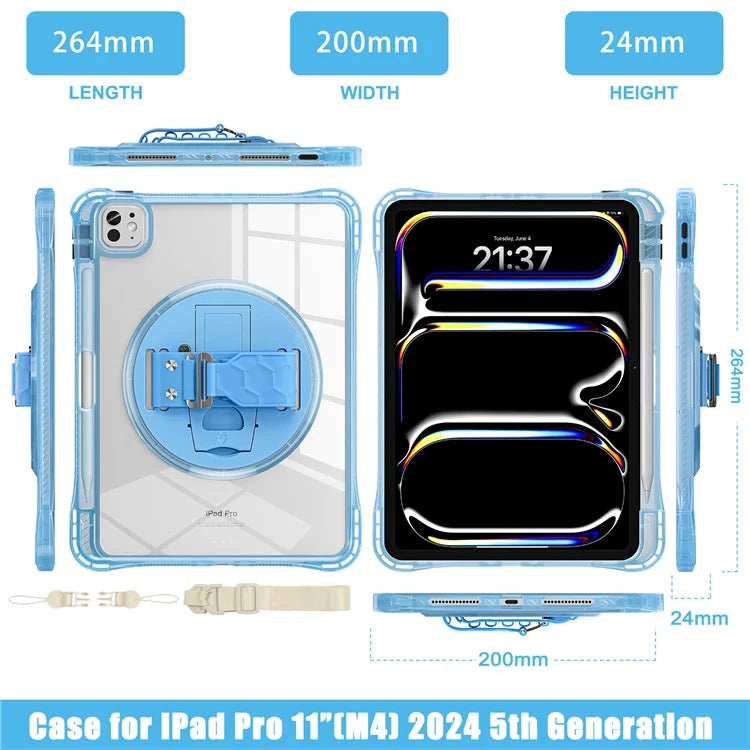 For iPad Pro 11 (2024) Kickstand Case Hand Strap PC+TPU+Acrylic Cover with Shoulder Strap