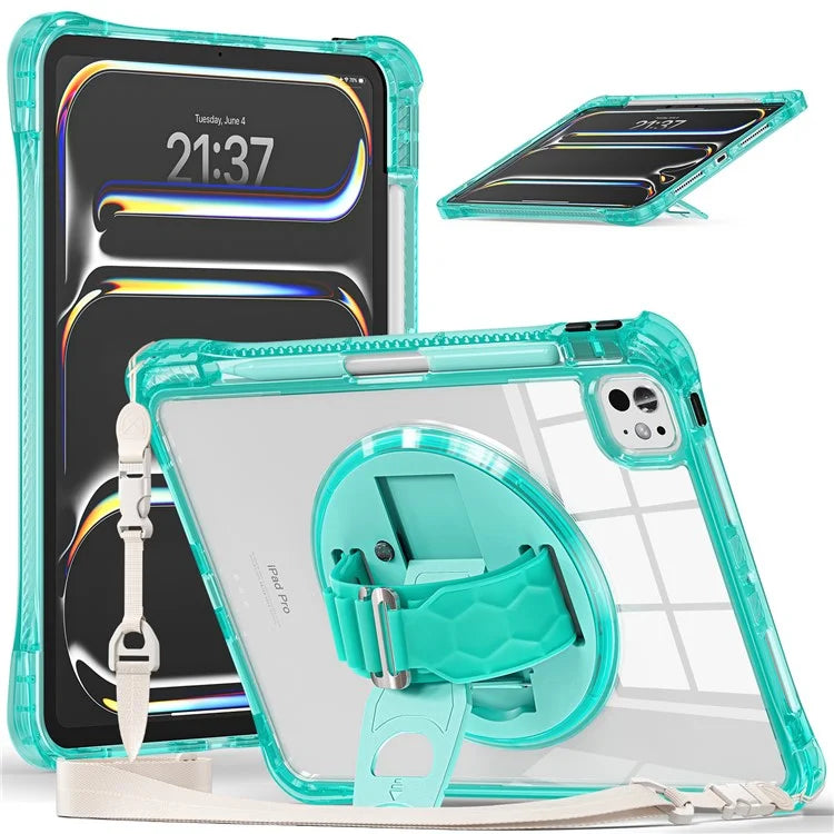 For iPad Pro 11 (2024) Kickstand Case Hand Strap PC+TPU+Acrylic Cover with Shoulder Strap