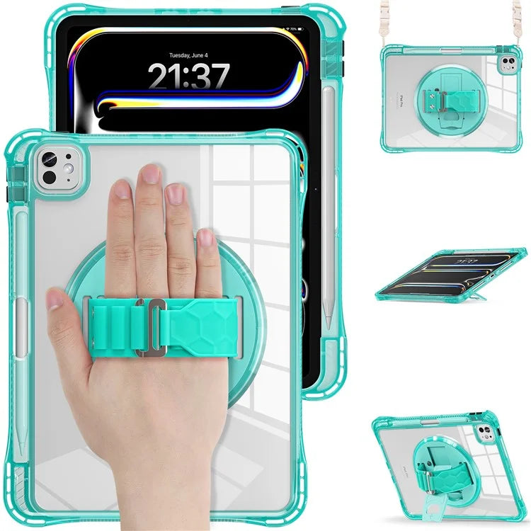 For iPad Pro 11 (2024) Kickstand Case Hand Strap PC+TPU+Acrylic Cover with Shoulder Strap