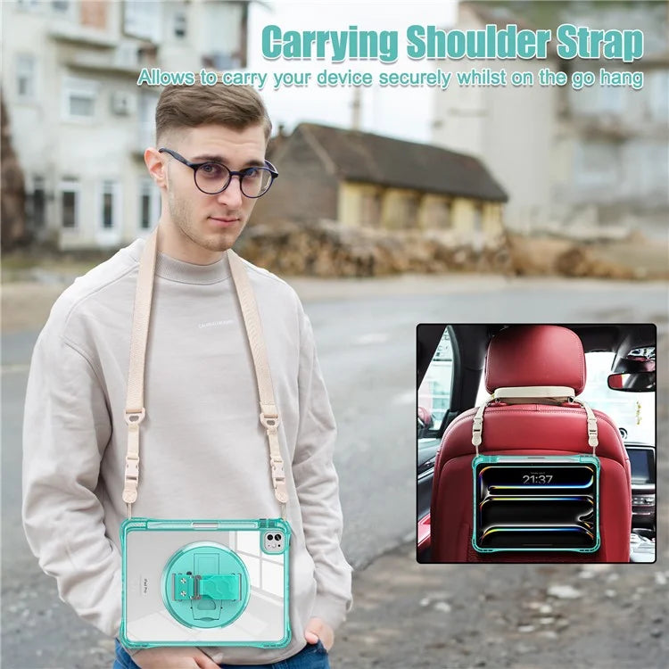For iPad Pro 11 (2024) Kickstand Case Hand Strap PC+TPU+Acrylic Cover with Shoulder Strap