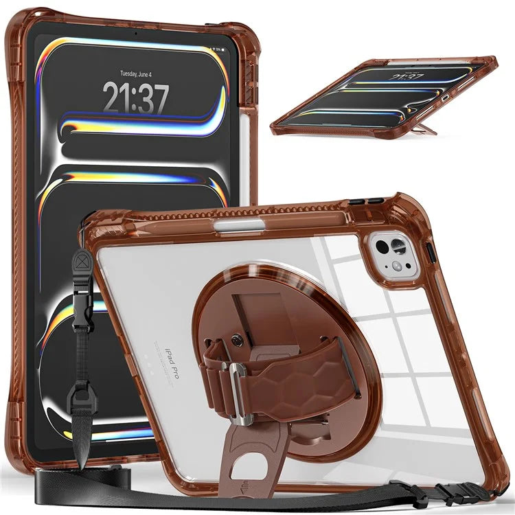 For iPad Pro 11 (2024) Kickstand Case Hand Strap PC+TPU+Acrylic Cover with Shoulder Strap