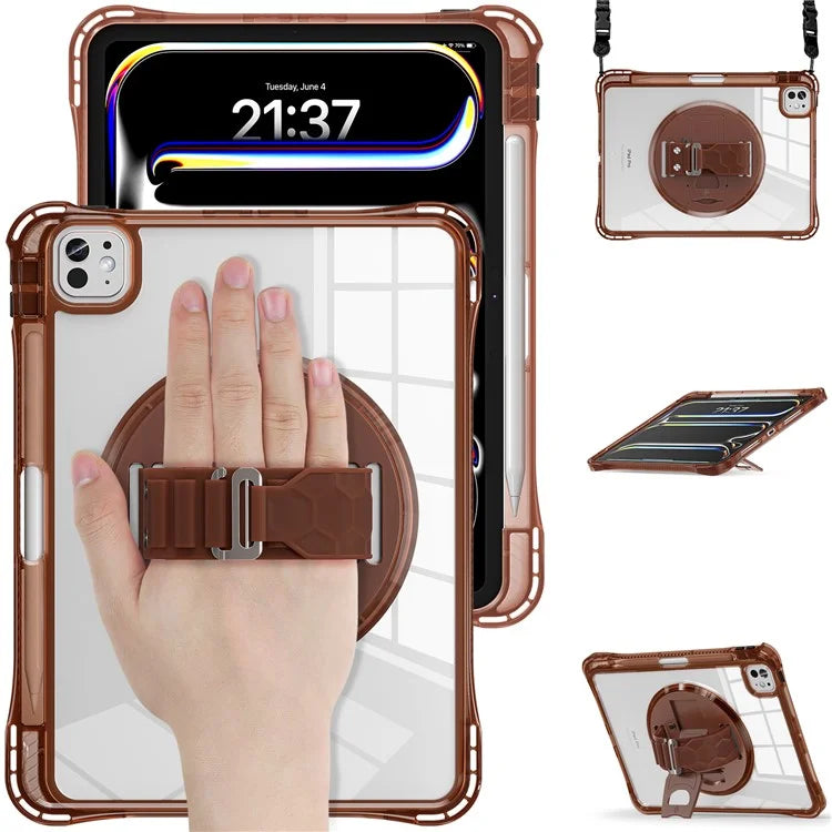 For iPad Pro 11 (2024) Kickstand Case Hand Strap PC+TPU+Acrylic Cover with Shoulder Strap