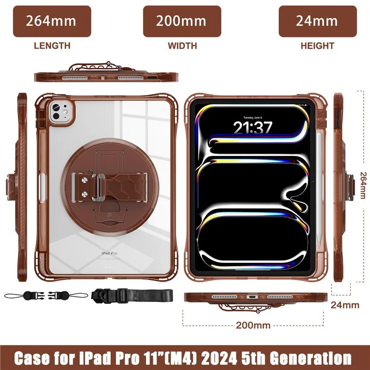 For iPad Pro 11 (2024) Kickstand Case Hand Strap PC+TPU+Acrylic Cover with Shoulder Strap