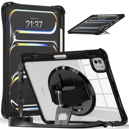 For iPad Pro 11 (2024) Kickstand Case Hand Strap PC+TPU+Acrylic Cover with Shoulder Strap