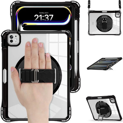 For iPad Pro 11 (2024) Kickstand Case Hand Strap PC+TPU+Acrylic Cover with Shoulder Strap