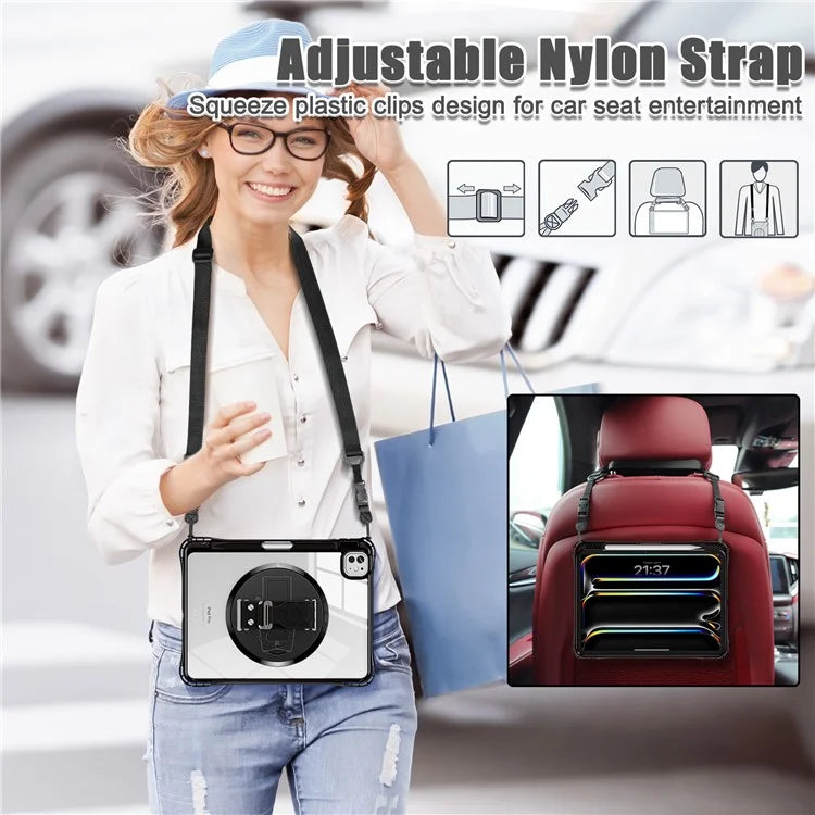 For iPad Pro 11 (2024) Kickstand Case Hand Strap PC+TPU+Acrylic Cover with Shoulder Strap