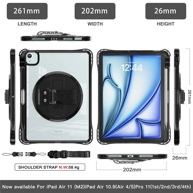 For iPad Air 11 (2024) / Air (2022) / (2020) / iPad Pro 11 (2022) / (2021) / (2020) / (2018) Kickstand Case PC+TPU+Acrylic Cover with Strap