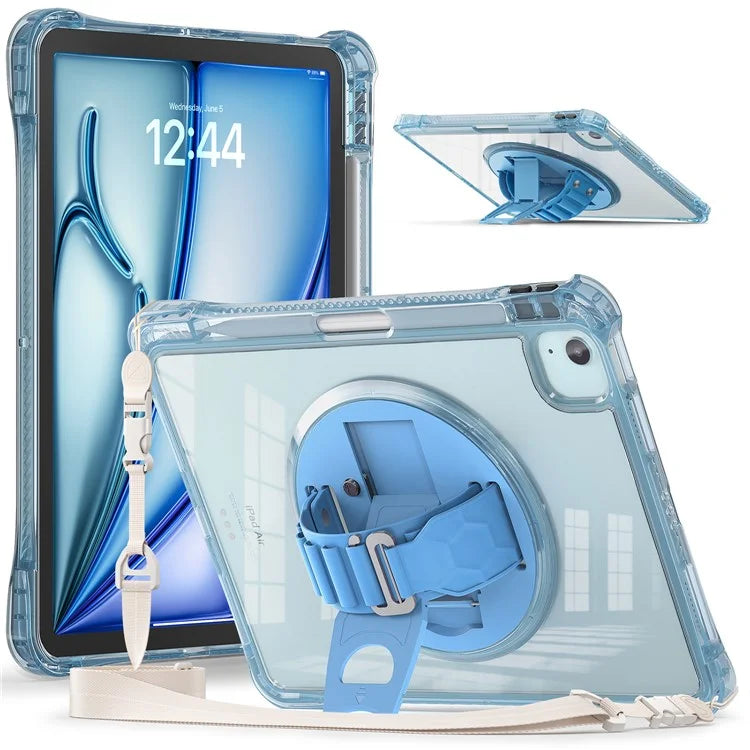 For iPad Air 11 (2024) / Air (2022) / (2020) / iPad Pro 11 (2022) / (2021) / (2020) / (2018) Kickstand Case PC+TPU+Acrylic Cover with Strap
