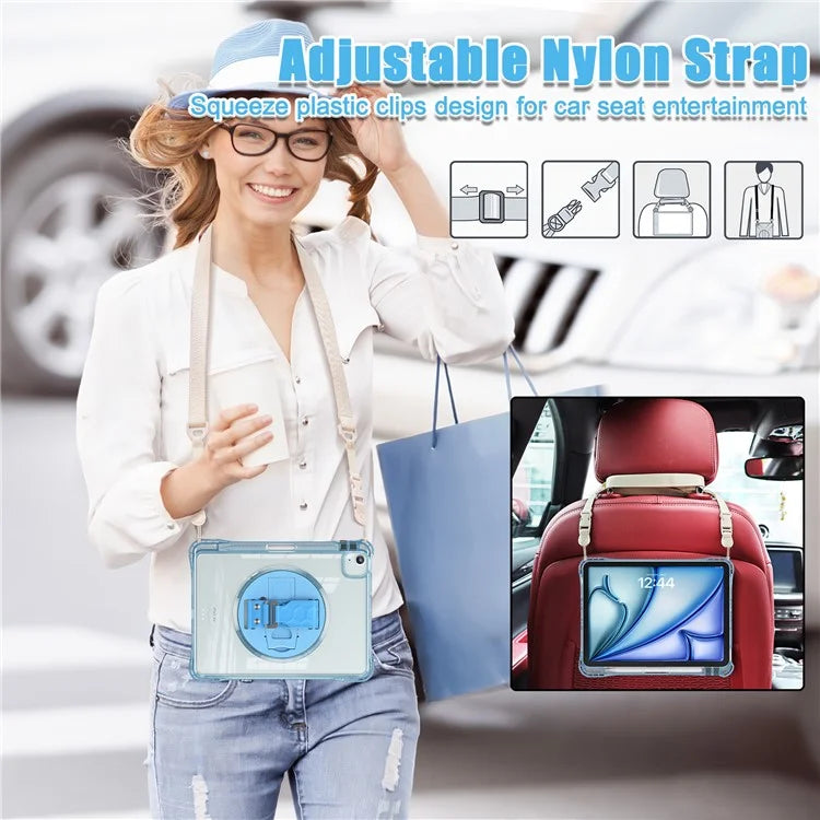 For iPad Air 11 (2024) / Air (2022) / (2020) / iPad Pro 11 (2022) / (2021) / (2020) / (2018) Kickstand Case PC+TPU+Acrylic Cover with Strap