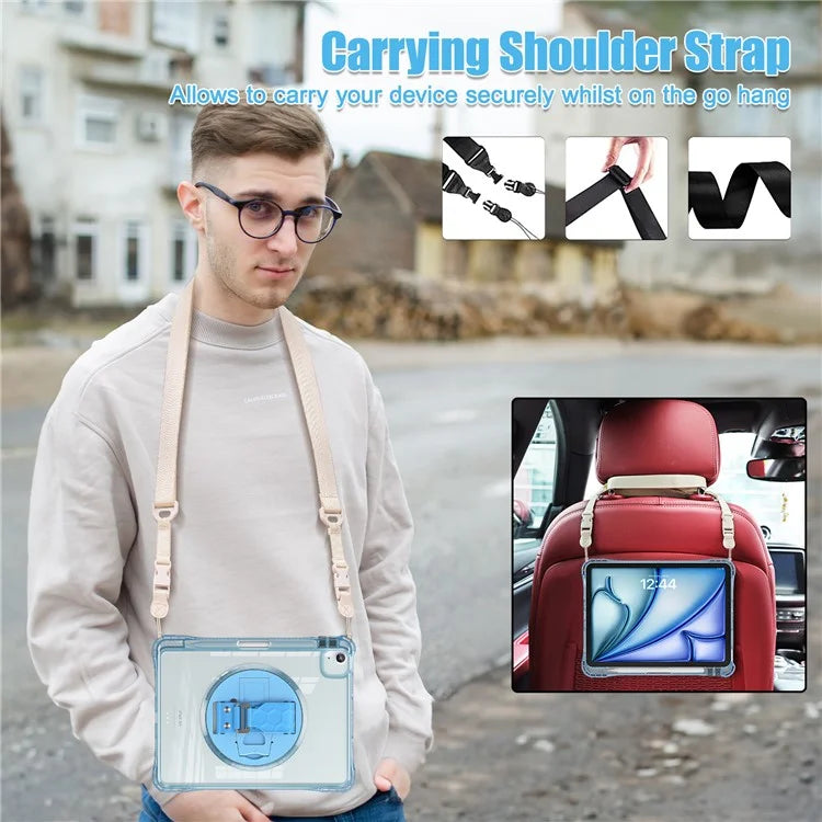 For iPad Air 11 (2024) / Air (2022) / (2020) / iPad Pro 11 (2022) / (2021) / (2020) / (2018) Kickstand Case PC+TPU+Acrylic Cover with Strap