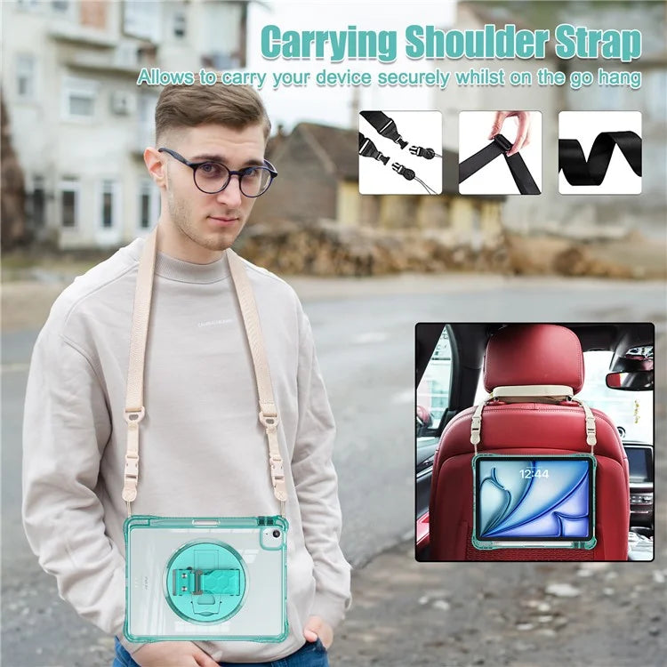 For iPad Air 11 (2024) / Air (2022) / (2020) / iPad Pro 11 (2022) / (2021) / (2020) / (2018) Kickstand Case PC+TPU+Acrylic Cover with Strap