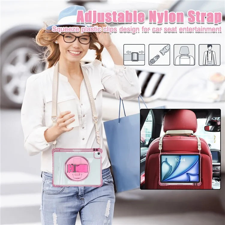 For iPad Air 11 (2024) / Air (2022) / (2020) / iPad Pro 11 (2022) / (2021) / (2020) / (2018) Kickstand Case PC+TPU+Acrylic Cover with Strap