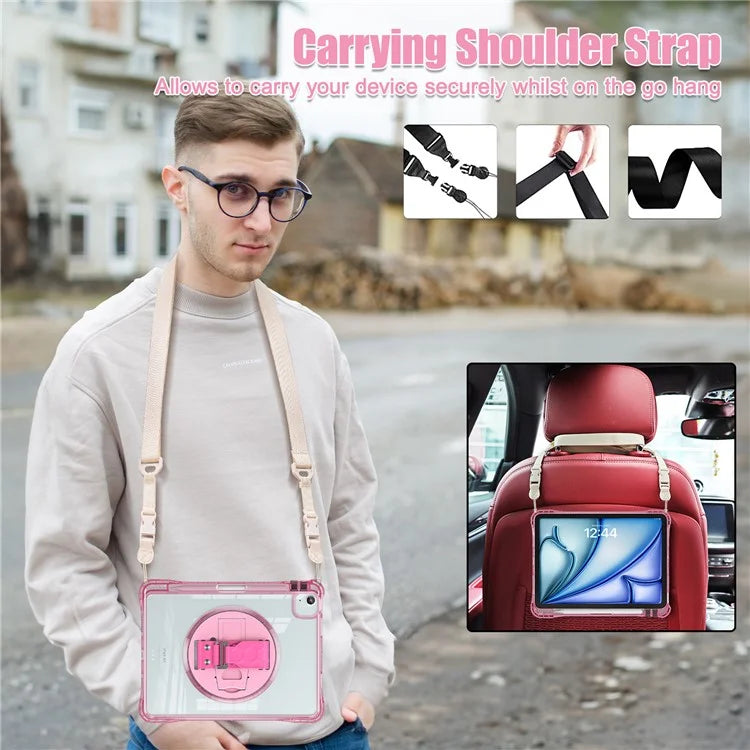 For iPad Air 11 (2024) / Air (2022) / (2020) / iPad Pro 11 (2022) / (2021) / (2020) / (2018) Kickstand Case PC+TPU+Acrylic Cover with Strap