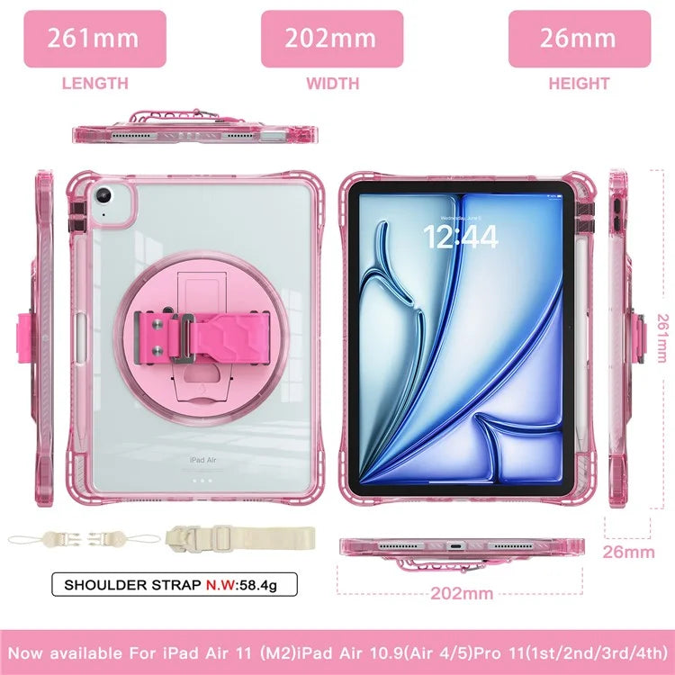 For iPad Air 11 (2024) / Air (2022) / (2020) / iPad Pro 11 (2022) / (2021) / (2020) / (2018) Kickstand Case PC+TPU+Acrylic Cover with Strap