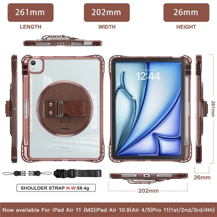 For iPad Air 11 (2024) / Air (2022) / (2020) / iPad Pro 11 (2022) / (2021) / (2020) / (2018) Kickstand Case PC+TPU+Acrylic Cover with Strap
