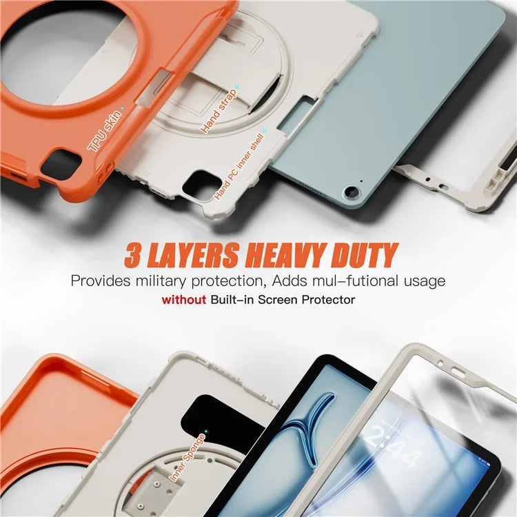 For iPad Air 11 (2024) / Air (2022) / (2020) / iPad Pro 11(2022) / (2021) / (2020) / (2018) Rotary Kickstand PC + TPU Tablet Case with Hand Strap