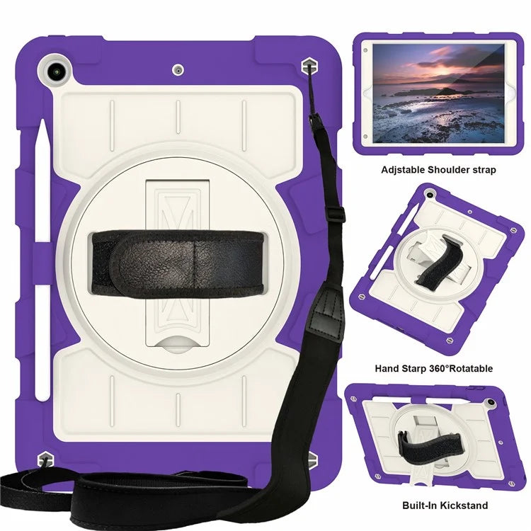 For iPad 10.2 (2021) / (2019) / (2020) TPU+PC Tablet Case Rotating Shockproof Kickstand Cover with Strap