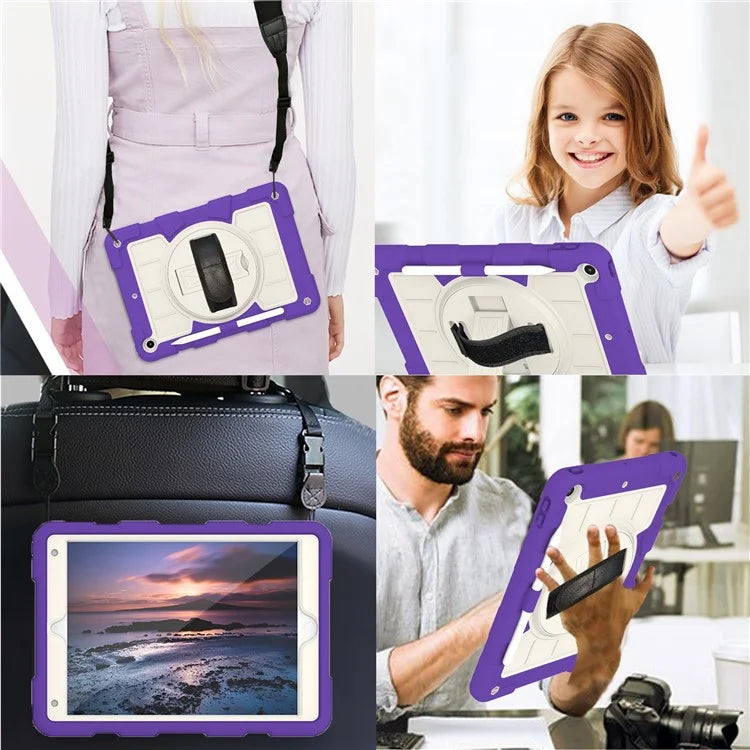 For iPad 10.2 (2021) / (2019) / (2020) TPU+PC Tablet Case Rotating Shockproof Kickstand Cover with Strap